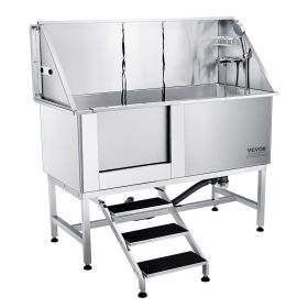 VEVOR 62" Pet Dog Bathing Station w/Stairs, Professional Stainless Steel Dog Grooming Tub w/ Soap Box, Faucet,Rich Accessory,Bathtub for Large,Medium (With Stairs or Ramp: With Stairs, size: 62 inch)